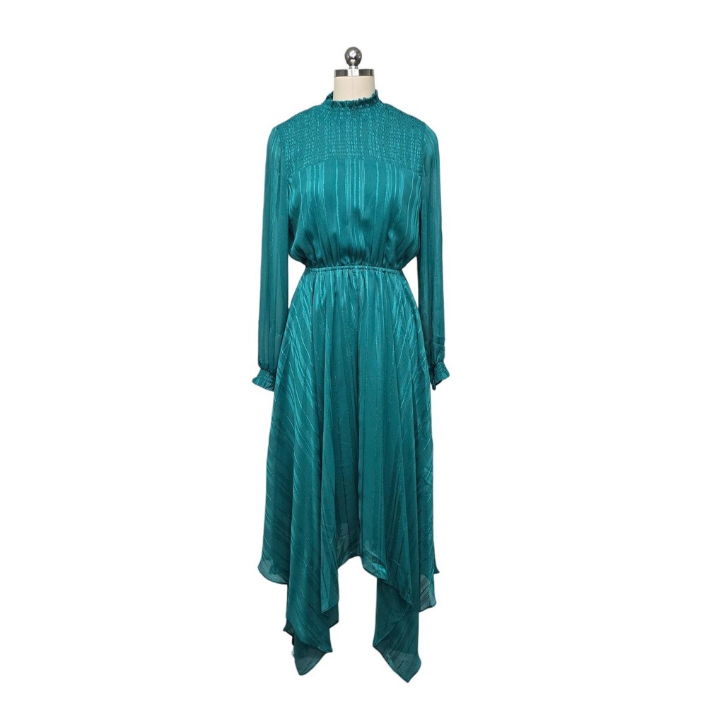 Nanette Lepore Teal Green Smocked Mock Neck Handkerchief Hem Midi Dress Size 8
